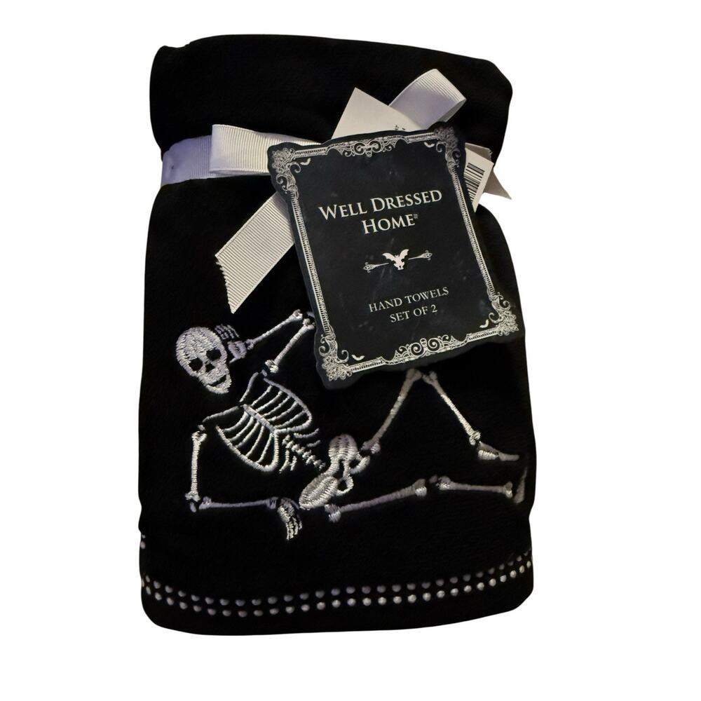 Halloween Fluffy Skeleton Hand Towels Black NEW Set of 2!